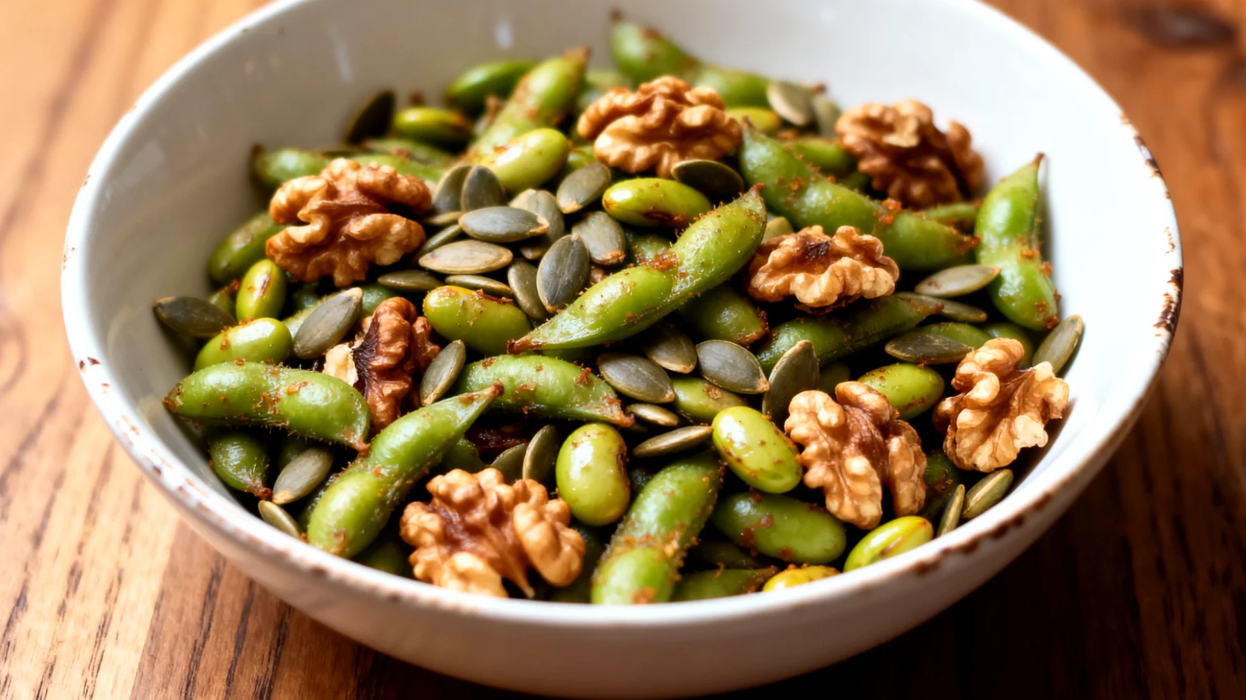 Edamame tostati con semi di zucca e noci"