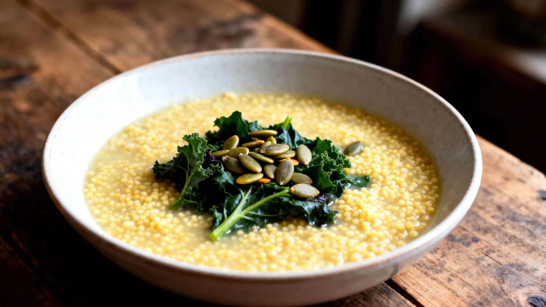 Zuppa di miglio con verdure amare e semi di zucca"