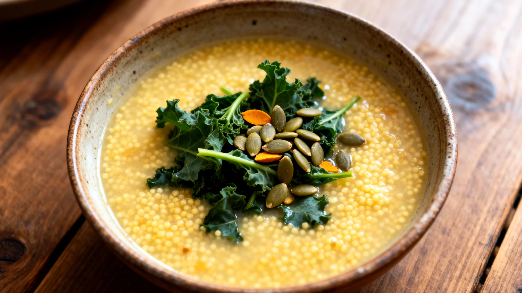 Zuppa di miglio con verdure amare e semi di zucca"
