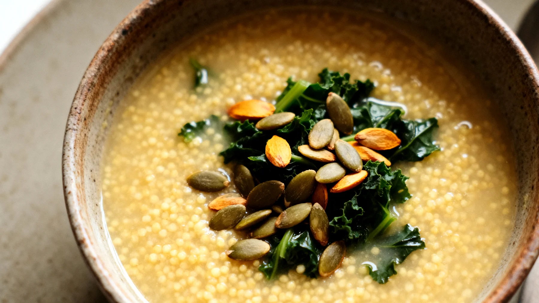 Zuppa di miglio con verdure amare e semi di zucca"