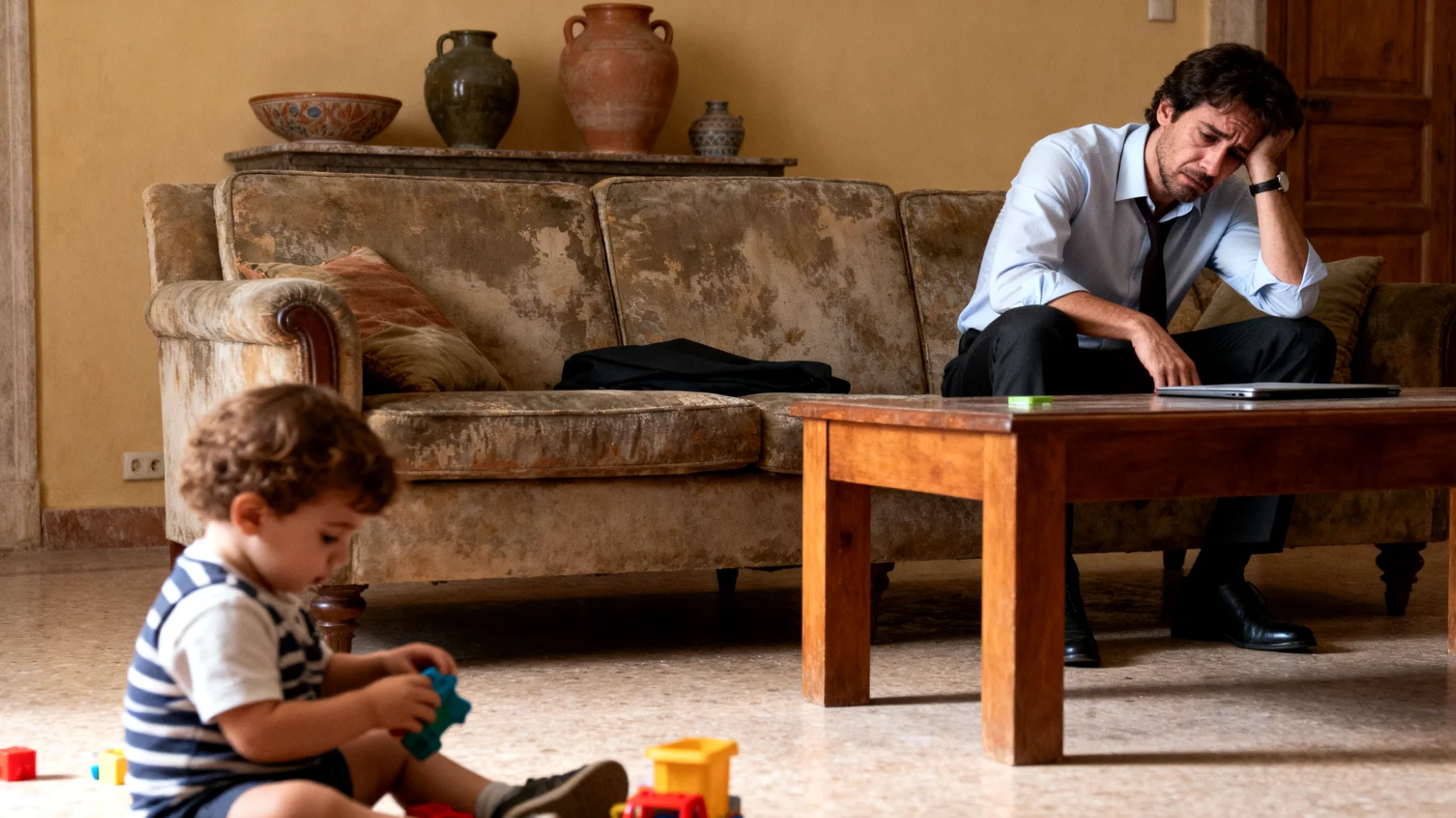 Genitori che provano sensi di colpa per non dedicare abbastanza tempo di qualità ai propri bambini a causa degli impegni lavorativi e delle responsabilità quotidiane, temendo di compromettere il legame affettivo e lo sviluppo emotivo dei figli"