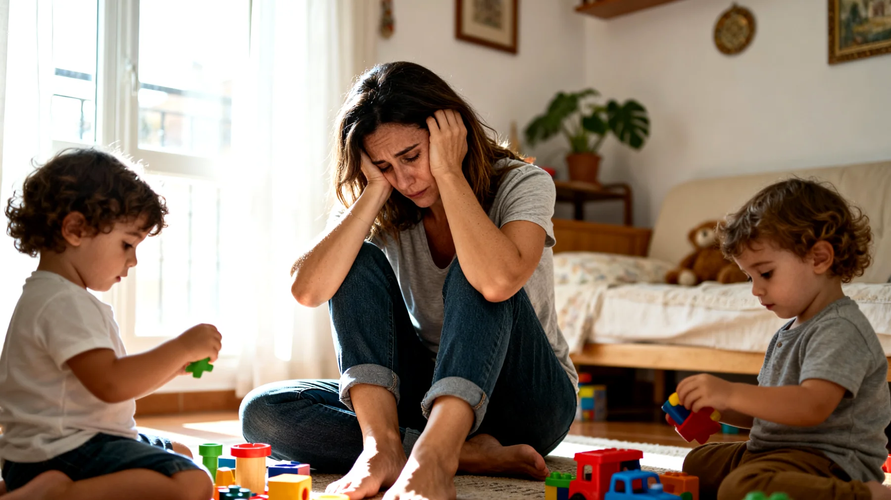 Una mamma che si sente costantemente esausta e in colpa perché non riesce a dedicare abbastanza tempo di qualità ai suoi bambini piccoli, oscillando tra momenti di iperattività nel tentativo di compensare e momenti di totale cedimento emotivo"