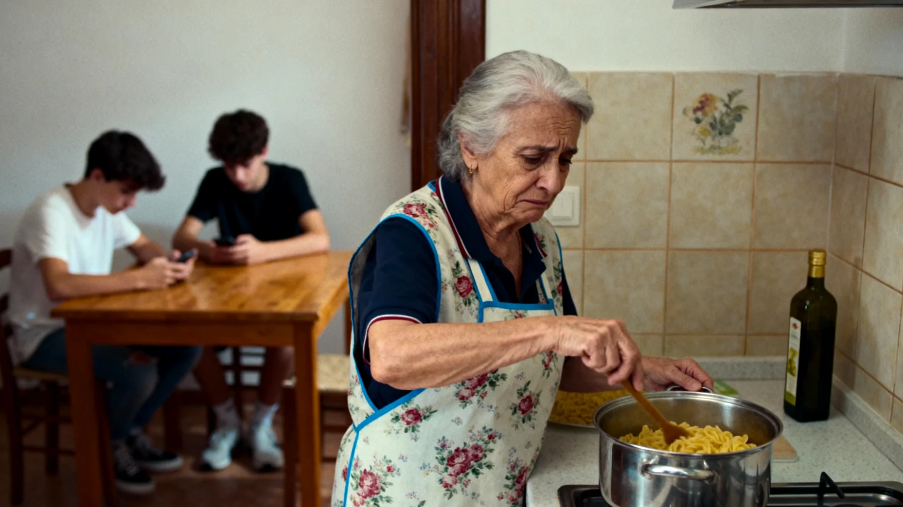 Nonna che fatica a coinvolgere i nipoti adolescenti nelle attività quotidiane come cucinare insieme, sistemare la casa o fare commissioni, trovandosi spesso a fare tutto da sola mentre loro restano chiusi in camera con il cellulare"