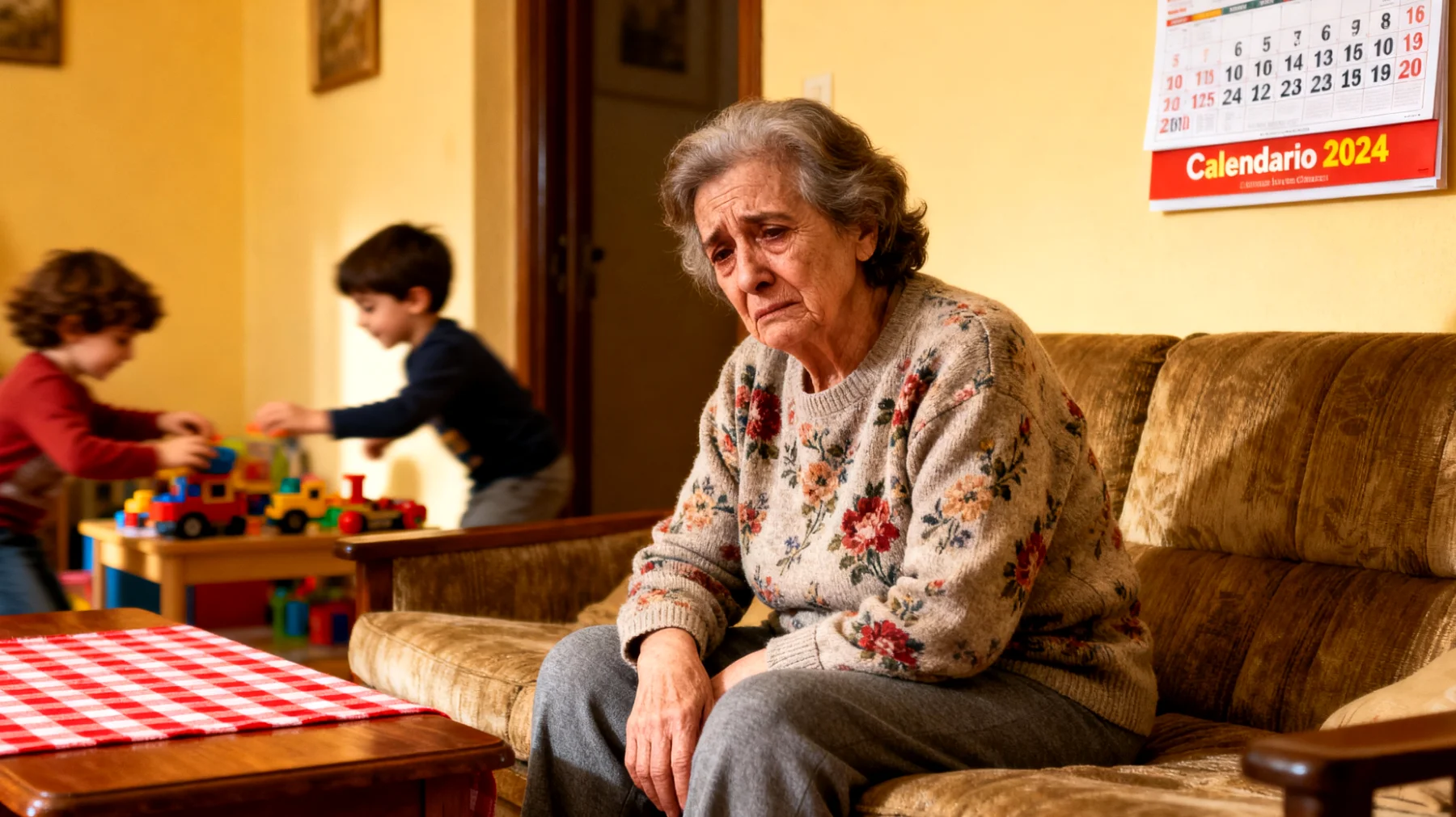 Nonna che si sente in colpa per non riuscire a seguire i nipoti bambini con la stessa energia e pazienza di un tempo, temendo di deluderli o di non essere abbastanza presente"