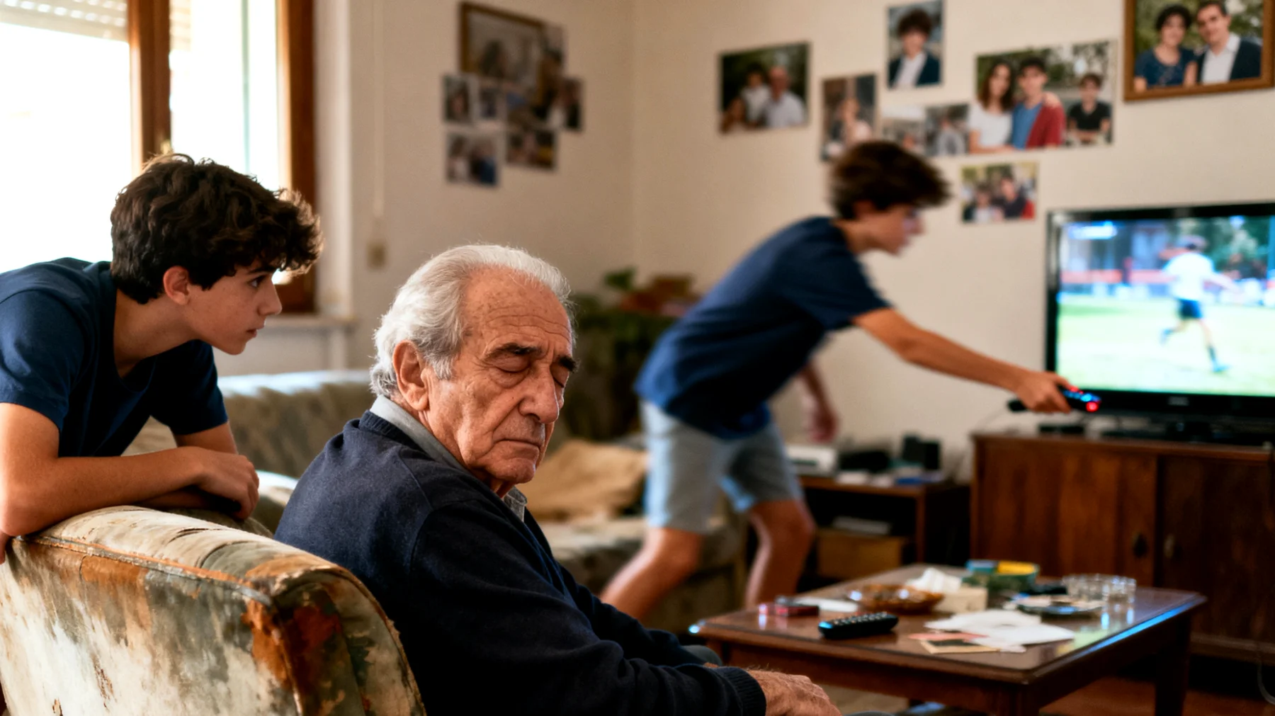 Il nonno si sente costantemente stanco e sopraffatto quando deve occuparsi dei nipoti adolescenti, faticando a trovare le energie per stare al passo con i loro ritmi e le loro esigenze, e percependo di non avere più il tempo e le forze necessarie per essere presente come vorrebbe."