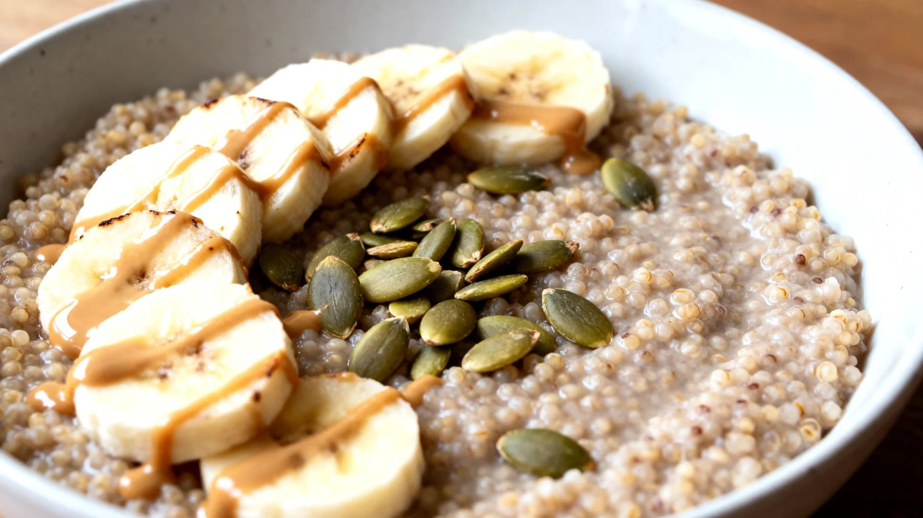 Amaranto con banana, burro di mandorle e semi di zucca"