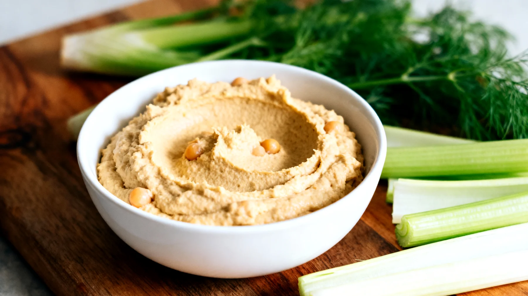 Hummus di ceci con bastoncini di sedano e finocchio"
