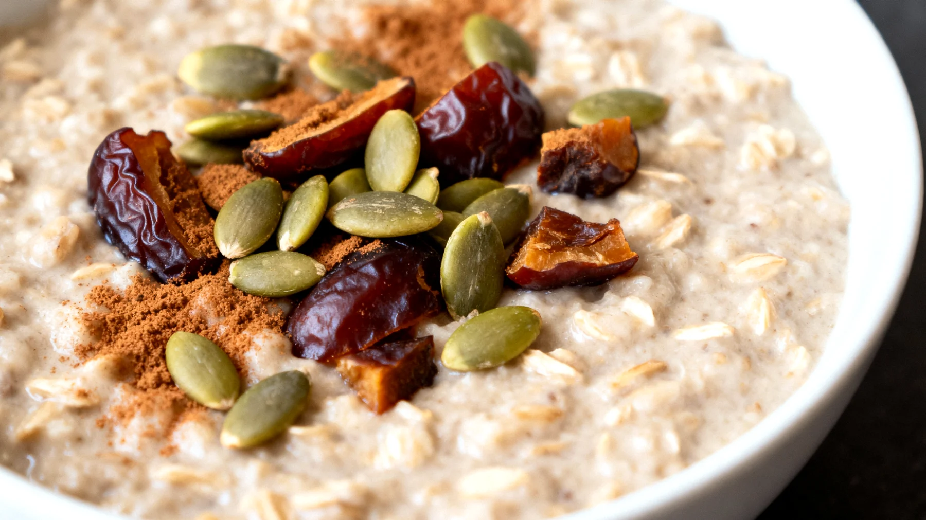 Porridge di avena con semi di zucca, datteri e cannella"