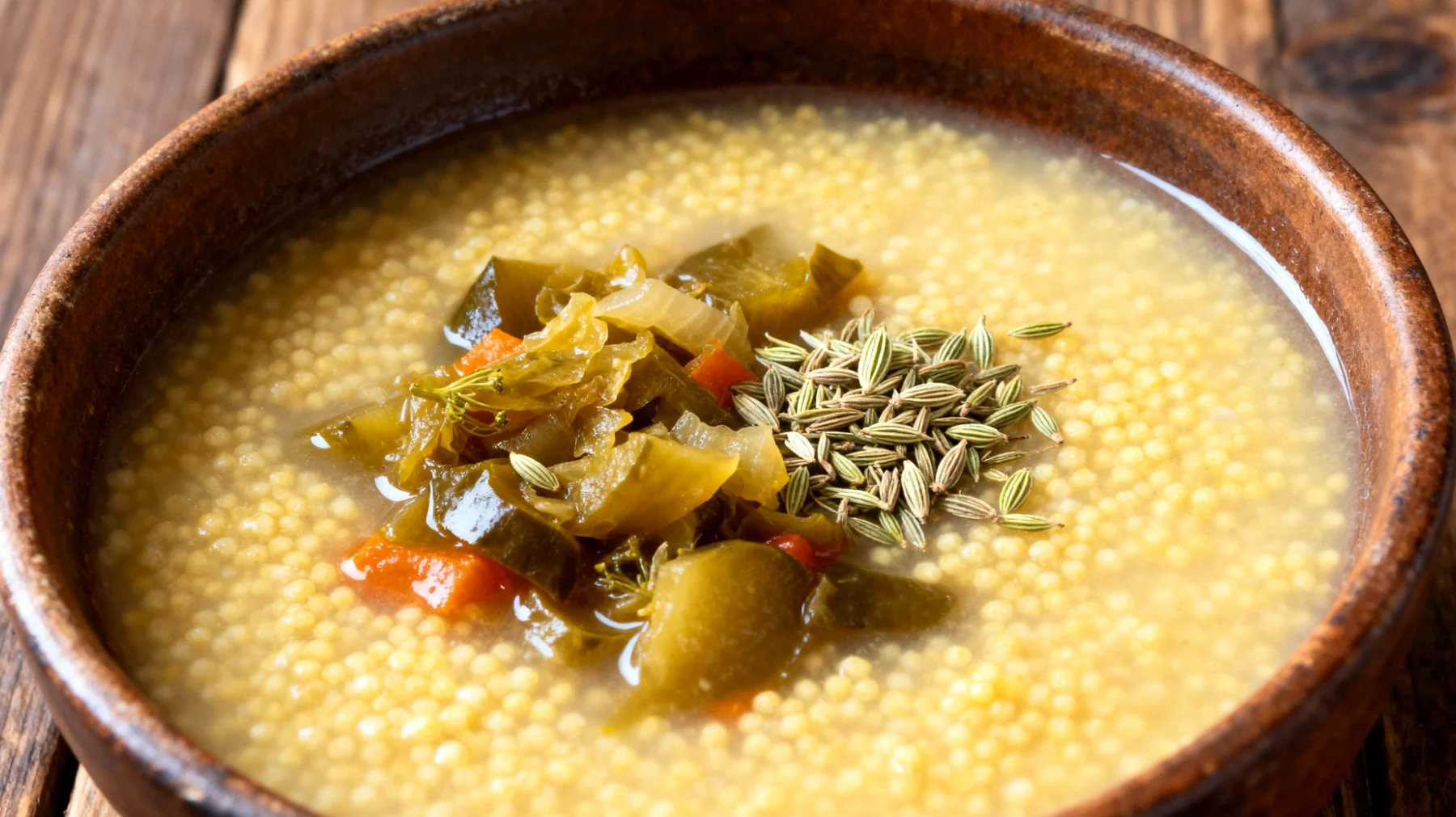Zuppa di miglio con verdure fermentate e semi di finocchio"