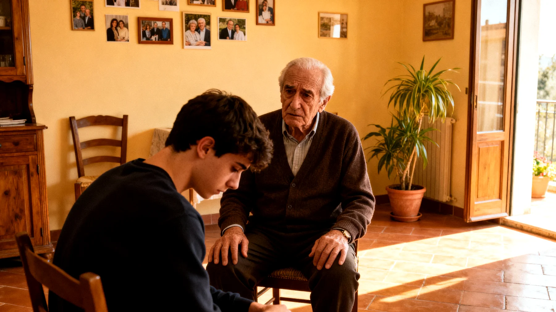 Nonno preoccupato per il nipote giovane adulto che mostra timidezza eccessiva, evita situazioni sociali e tende all'isolamento, limitando le proprie opportunità relazionali e professionali"