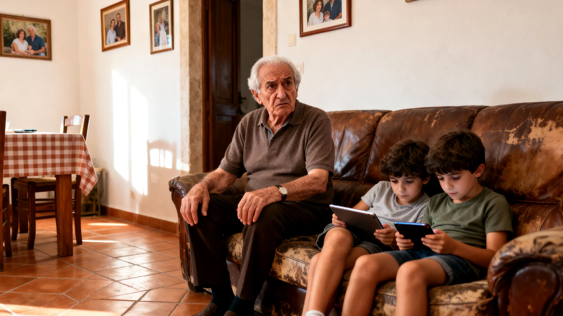 Il nonno fatica a comprendere e relazionarsi con i nipoti bambini a causa delle differenze generazionali nei metodi educativi, nelle abitudini quotidiane e nel linguaggio, creando incomprensioni e distanza nel rapporto"
