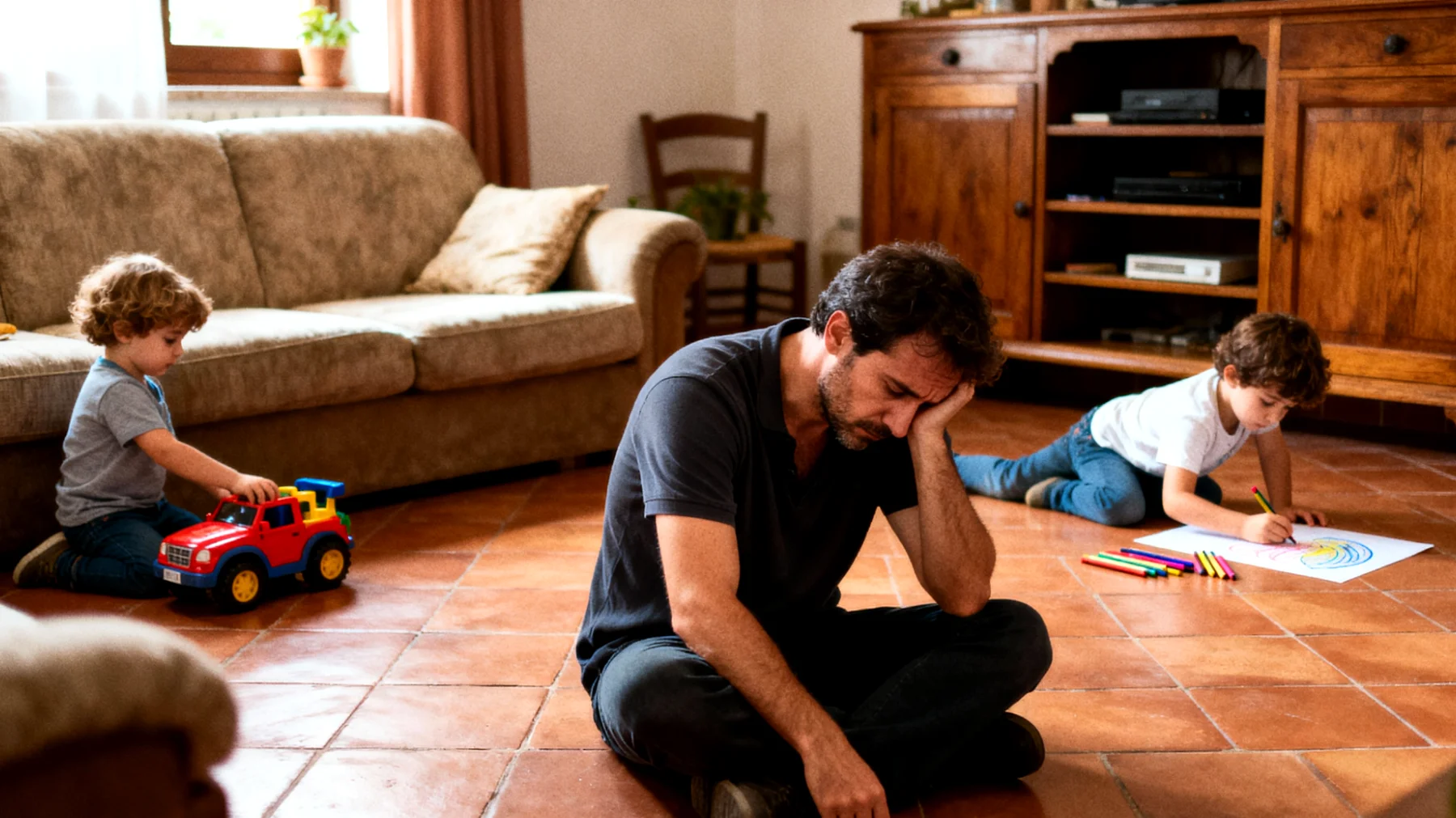 Papà che fatica a comunicare efficacemente con i propri bambini piccoli, non riesce a farsi capire e a comprendere i loro bisogni emotivi, creando distanza e incomprensioni nel rapporto quotidiano"