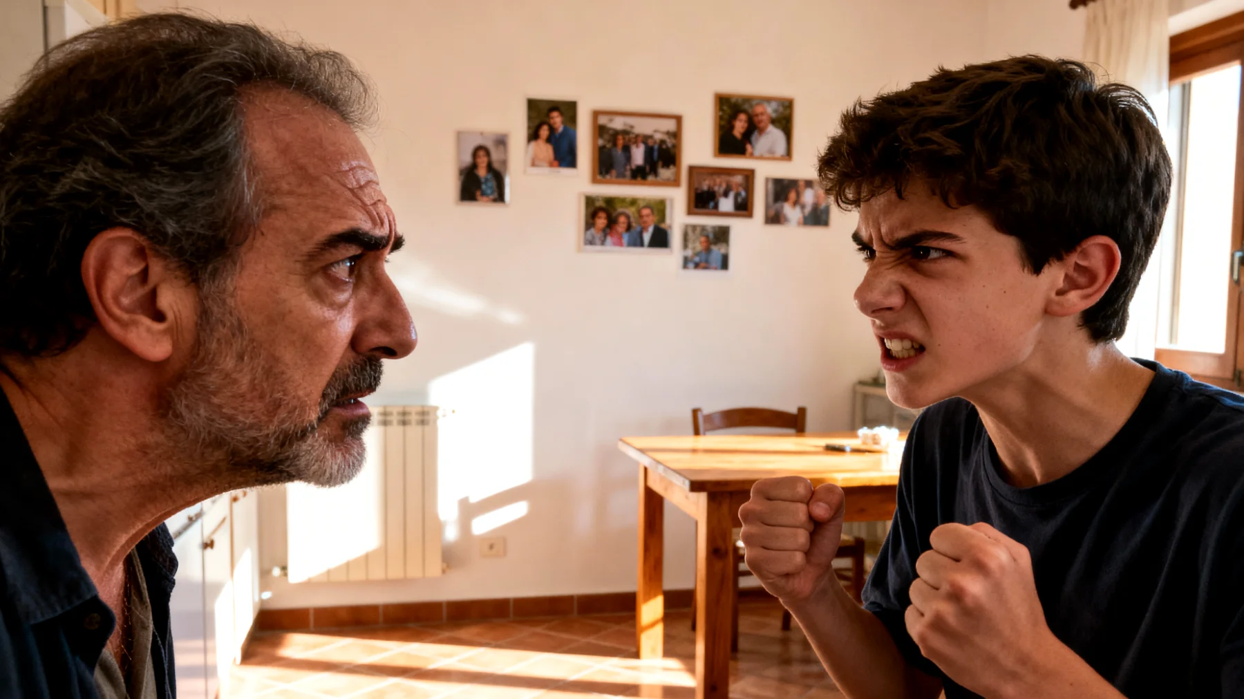 Papà che fatica a gestire le reazioni esplosive e l'insofferenza del figlio adolescente di fronte a piccoli ostacoli, divieti o risultati non immediati, con conseguente escalation di tensione e incomprensione reciproca"