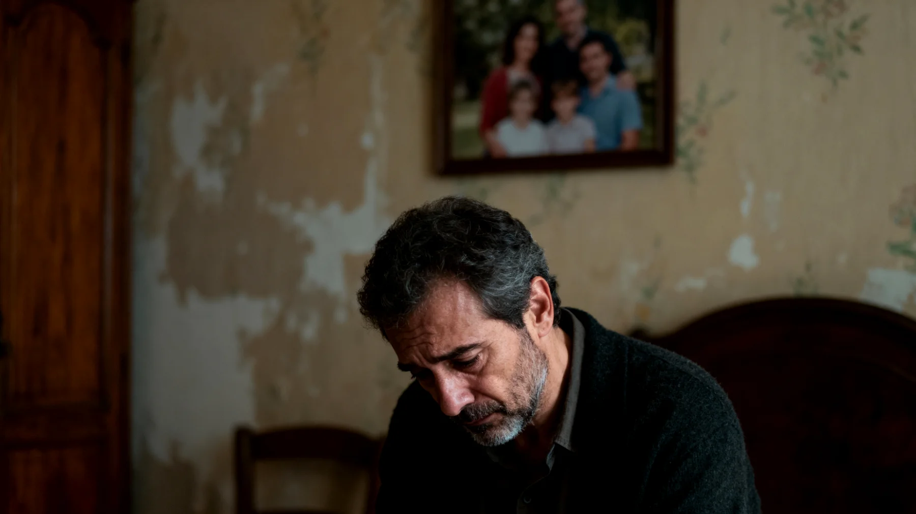 Un papà che prova sensi di colpa per non essere abbastanza presente o supportivo nella vita dei suoi figli giovani adulti, temendo di aver fallito come genitore durante la loro crescita"